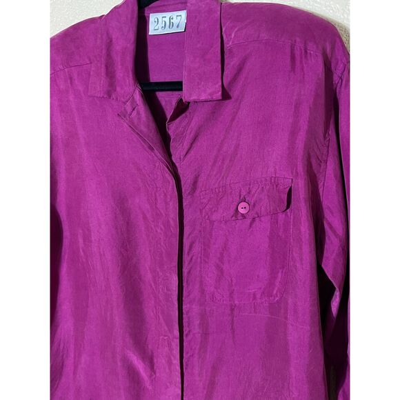 VTG 2567 Y2K 100% Silk Plum Button Up Blouse Womens Structured Fall Layering 4 - Picture 3 of 6
